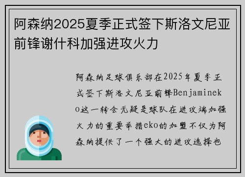 阿森纳2025夏季正式签下斯洛文尼亚前锋谢什科加强进攻火力 阿森纳2025夏季正式签下斯洛文尼亚前锋谢什科加强进攻火力